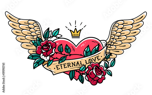 Tattoo heart with wings, ribbon, roses and crown. Old school tattoo