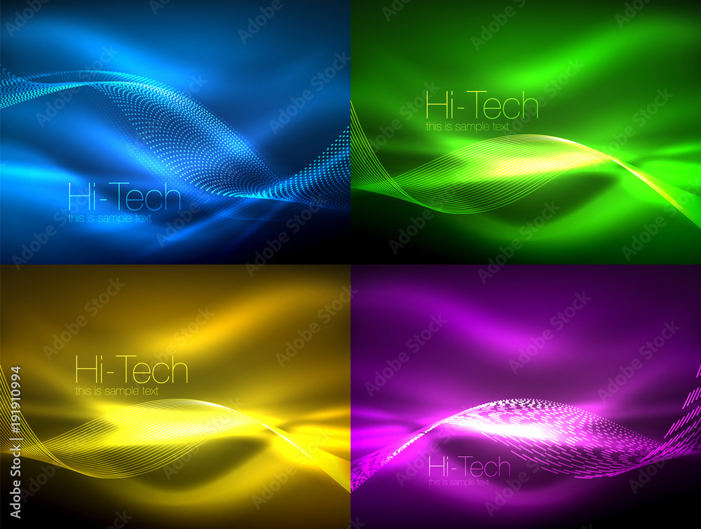 Set of neon flowing waves