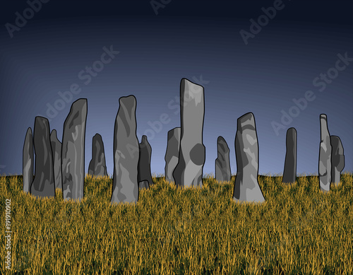Autumnal vector night landscape of Callanish standing Stones - yellow grass on a gray sky background. Detailed photorealistic illustration of the ancient ritual landmark of Scotland photo