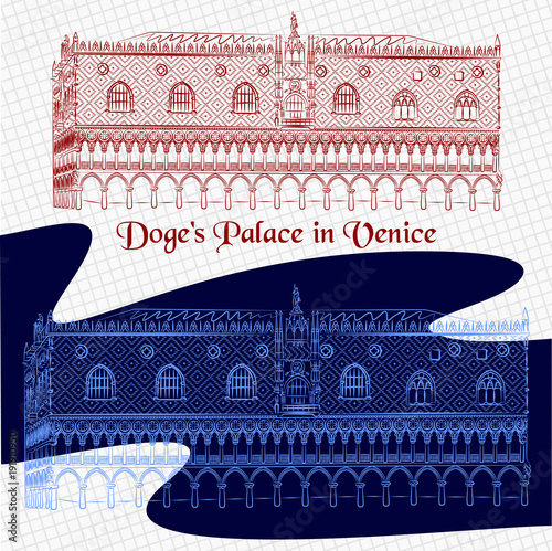 Vector outline detailed sketch of the Palazzo Ducale in Venice. Italiano Doge's Palace painted in red and blue color on the  square paper
