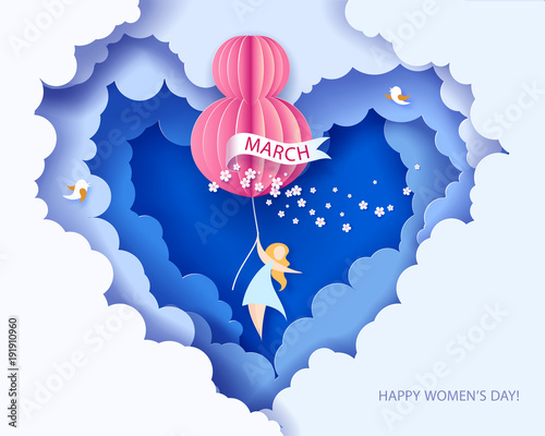 Card for 8 March womens day. Abstract background with text and flowers .Vector illustration. Paper cut and craft style.
