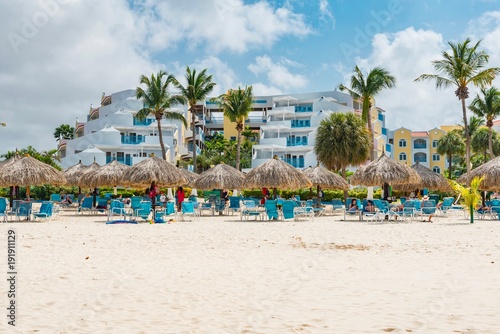 panorama of the Eagle Beach white beach of the Caribbean sea Island of Aruba