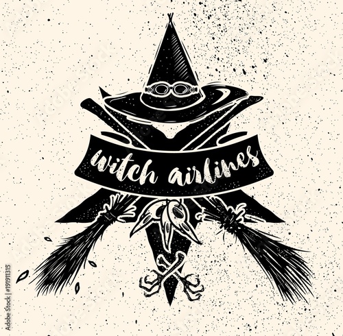 Witch hat with gogles and two crossed broomsticks. Logo emblem or t-shirt print