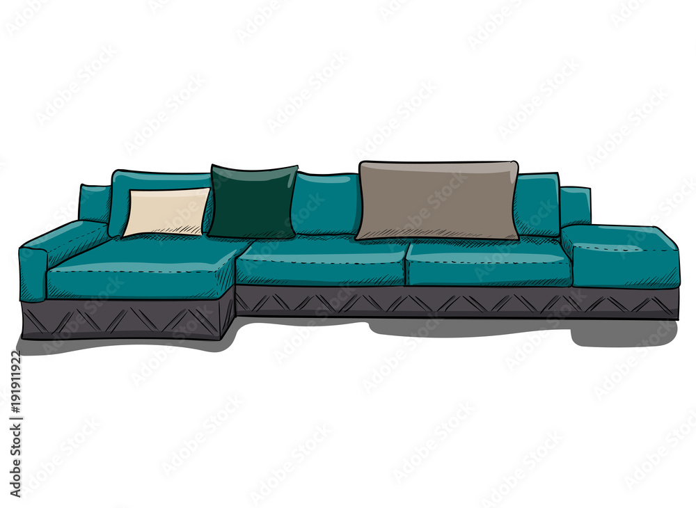 Φωτογραφία Large turquoise sofa with gray, beiig and gn pillows on a white background