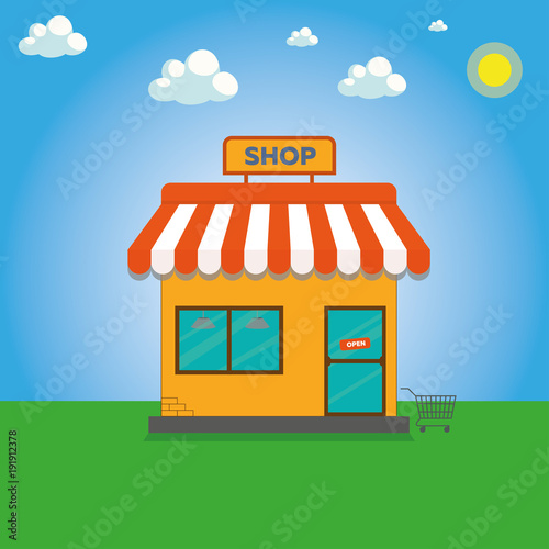 Storefront vector illustration in flat style. Online shop. Store building cartoon facade front view