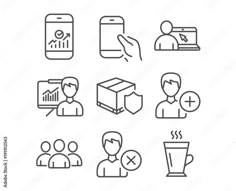 Set of Remove account, Presentation and Online education icons. Hold smartphone, Smartphone statistics and Delivery insurance signs. Add person, Group and Latte symbols. Vector Set of Remove account, Presentation and Online education icons. Hold smartphone, Smartphone statistics and Delivery insurance signs. Add person, Group and Latte symbols. Vector