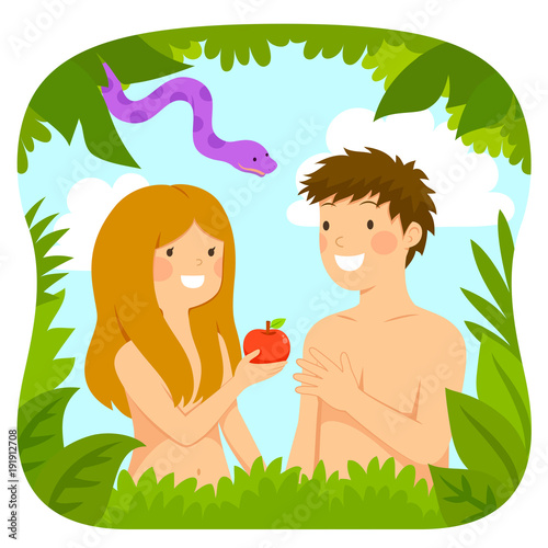 Cartoon happy Adam and Eve with an apple and the snake