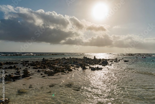 Fototapeta Naklejka Na Ścianę i Meble -  pebble beach and ocean waves on the sea of the Caribbean island of Aruba