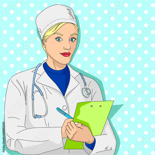 Woman doctor. A girl in a dressing gown and medical clothes. Collects an anamnesis, a survey and a health card. Pop art vector