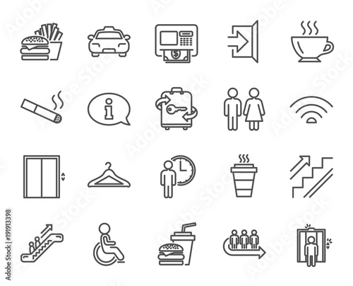 Public Services line icons. Set of Elevator, Cloakroom and Taxi signs. Exit, ATM and Escalator symbols. Wifi, Lift and Restaurant food. Information, Coffee and Smoking. Quality design elements
