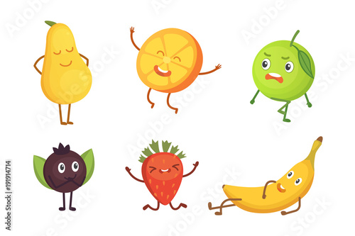 Set of cute cartoon fruit. illustration with funny characters. Funny fresh food time.
