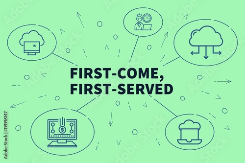 Conceptual business illustration with the words first-come, first-served photo