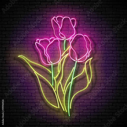 Fototapeta Naklejka Na Ścianę i Meble -  Vintage Glow Signboard with Bouquet of Tulips. Flowers on Brick Wall, Greeting Card Template. Shiny Neon Light Poster, Flyer, Banner, Postcard, Invitation. Vector 3d Illustration. Used Clipping Mask