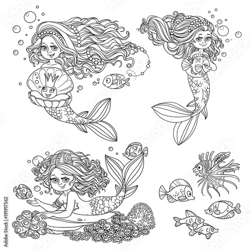 Beautiful mermaid girls in tiaras with fish outlined set for coloring page isolated on a white background