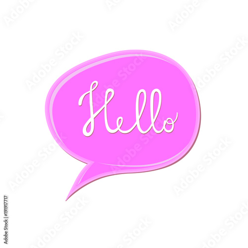 Abstract white 'Hello' sign over pink speech bubble icon. Bubble gum blot on white background. Color paint drop. Nail polish splash. Cartoon vector illustration. Water shape for banner, sticker, badge