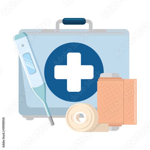 medical kit with thermometer and bandages vector illustration design