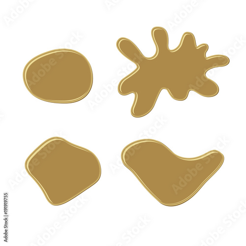 Set of gold bubble gum blots. Color paint drops. Nail polish splashes. Cartoon vector illustration. Abstract ink shapes for banner, sticker, badge, sale