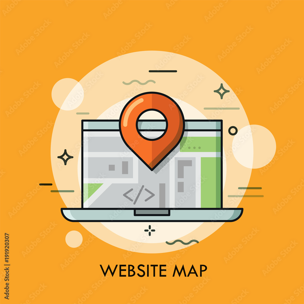 Laptop and location mark. Concept of global and local online interactive map