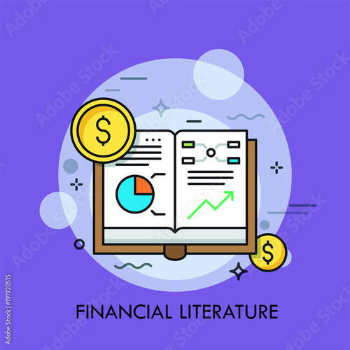 Opened book with graphs, diagrams and dollar coins