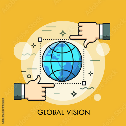 Globe inside frame of selection tool and two hands.