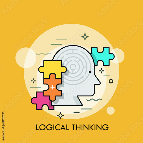 Human head with maze inside and colorful jigsaw puzzle pieces.