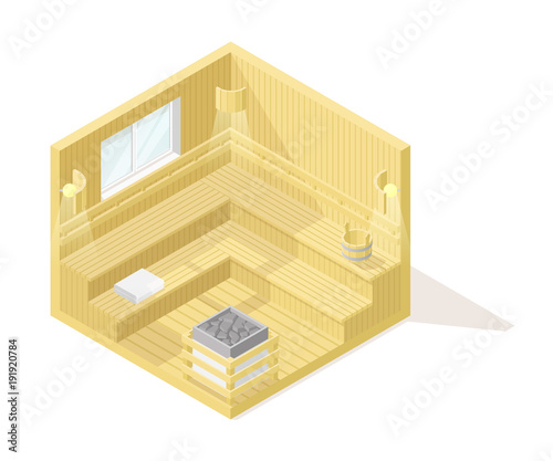Vector isometric low poly cutaway interior illustartion. Wooden sauna room with sauna accessories