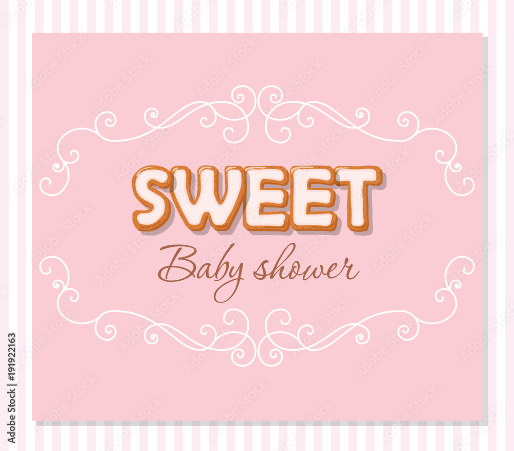 Baby shower greeting card for girls. Elegant frame with sweet letters on pastel pink colors.