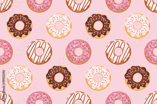 Seamless pattern with glazed donuts. Pink colors. Girly. For print and web.
