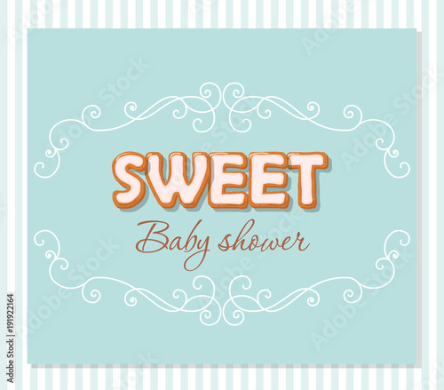Baby shower greeting card for boys. Elegant frame with sweet letters on pastel blue and beige colors.