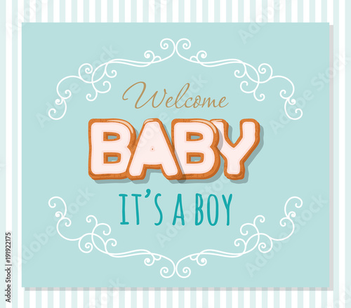 Baby shower greeting card for boys. Elegant frame with sweet letters on pastel blue and beige colors.