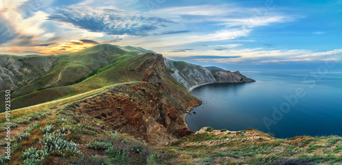 rocky mountains off the coast of the sea. Panorama of the Crimean mountains