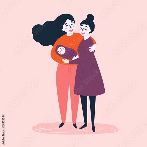 Gay couple holding baby. Two lgbt woman with kid. Non-traditional lesbian parents with child in their arms. Flat vector illustration