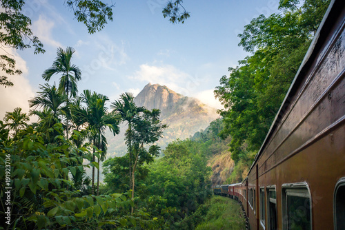 Train passing Alagalla Mountain, Sri Lanka