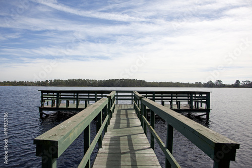 beautiful blue sky  lake and pier