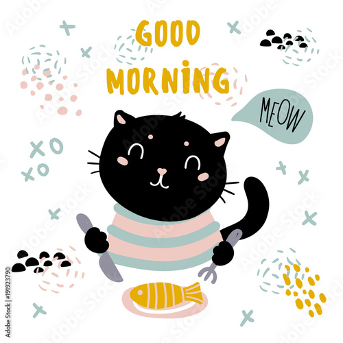 Plakat Dzień dobry karta kota. Śliczne domowe zwierzątko ma śniadanie i nosi zdarte szmatki. Puszysty czarny kotek używa widelca i noża do jedzenia ryb z talerza. Miau tekst. Ilustracja wektorowa płaski styl kreskówka