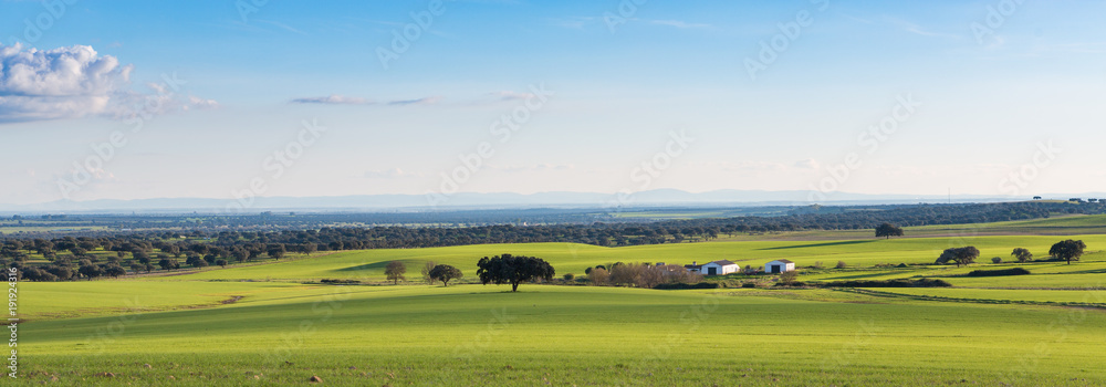 Fields of the Dehesa de Extremadura with its farmland and houses of tools