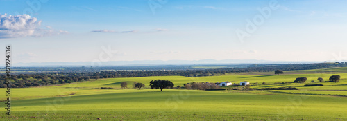 Fields of the Dehesa de Extremadura with its farmland and houses of tools photo