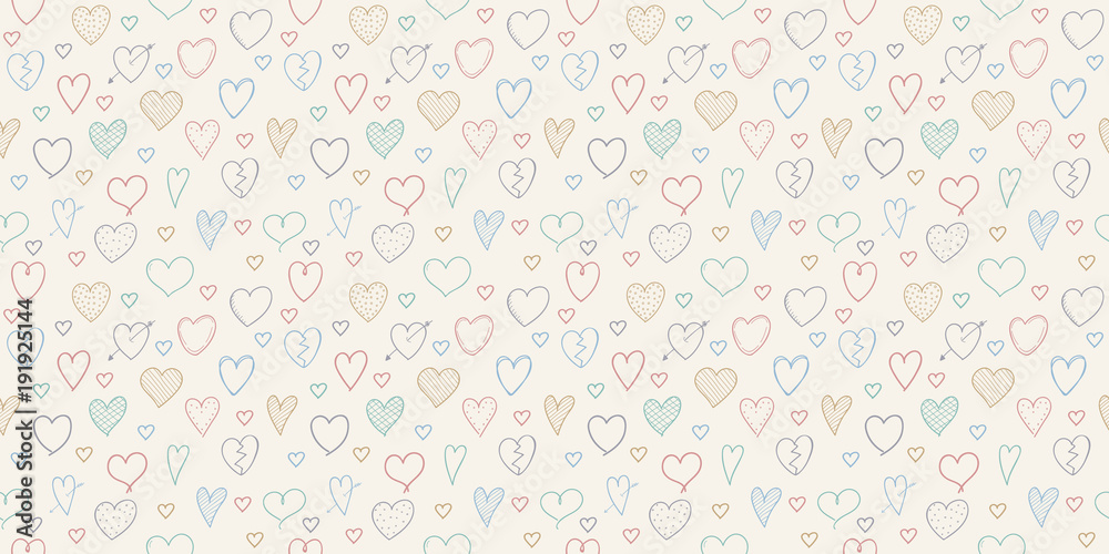 Background with hand drawn hearts. Cute seamless pattern. Vector.