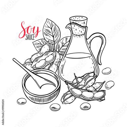 background of soybeans and soy sauce