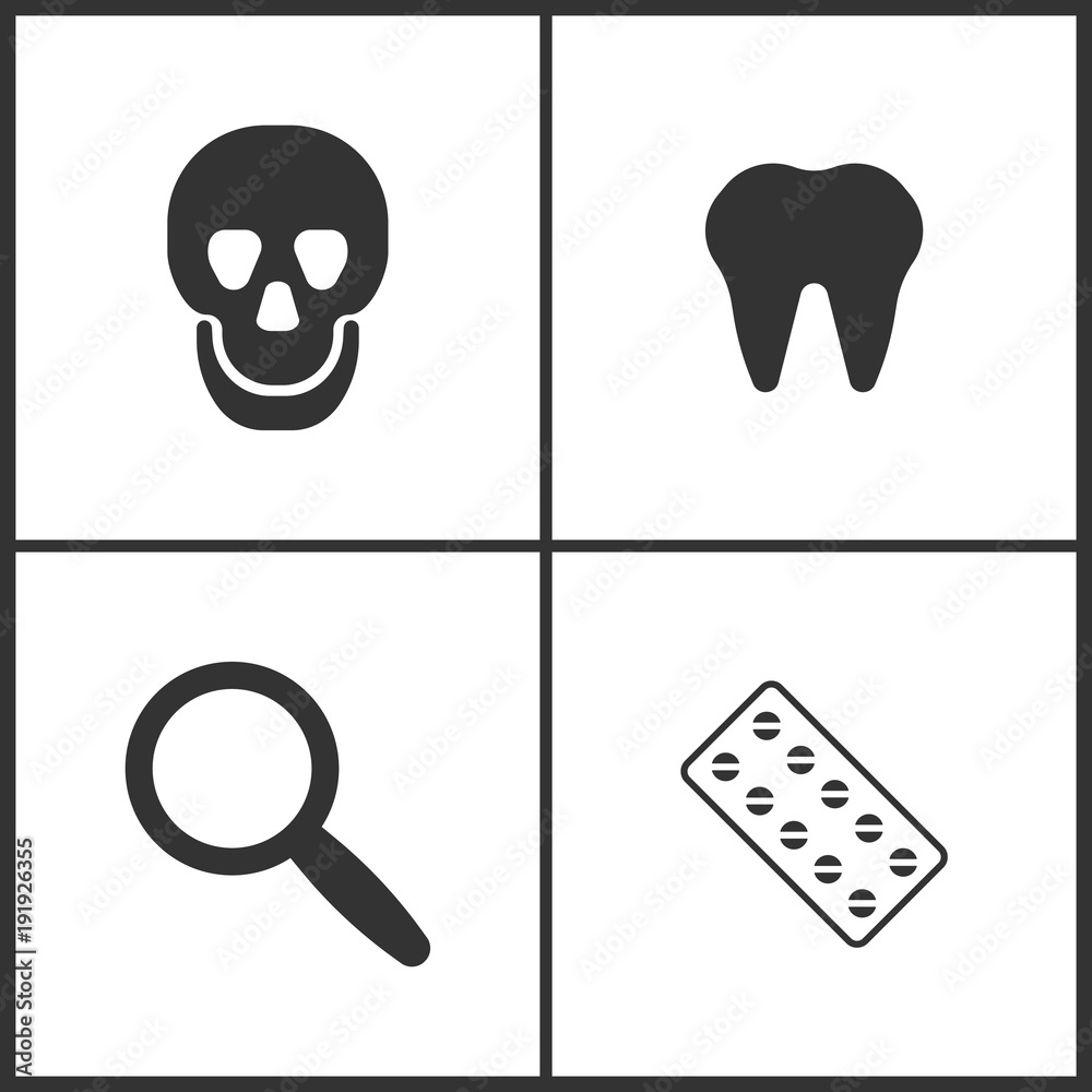Vector Illustration Set Medical Icons. Elements of Skull, Tooth, Magnify and Pills icon Vector Illustration Set Medical Icons. Elements of Skull, Tooth, Magnify and Pills icon