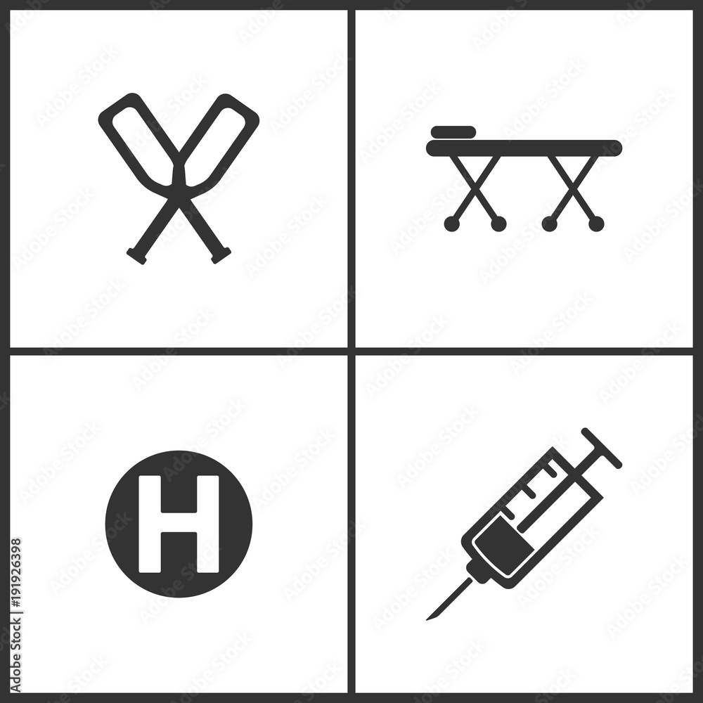 Vector Illustration Set Medical Icons. Elements of Crutches, Pay bed, Hospital and Syringe icon Vector Illustration Set Medical Icons. Elements of Crutches, Pay bed, Hospital and Syringe icon