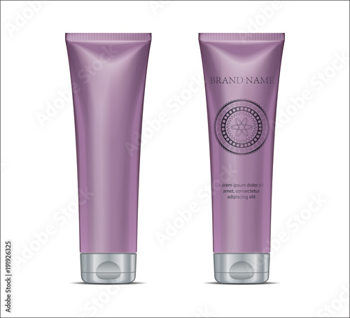 Luxury cosmetic design advertising template. Purple tube set, silver cup and modern circle graphic. 3D Realistic skin care cream bottle for magazine or poster. Isolated.