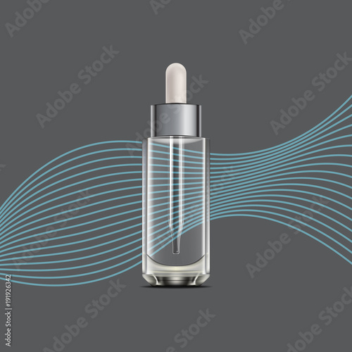 Bottle with dropper for oil or essence. 3D Realistic anti aging aroma oil glass container for magazine or poster.