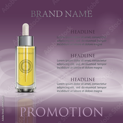 Bottle with dropper and modern circle graphic. Purple wavy background. 3D Realistic antiaging oil glass bottle for magazine or poster. Luxury cosmetic design advertising template.