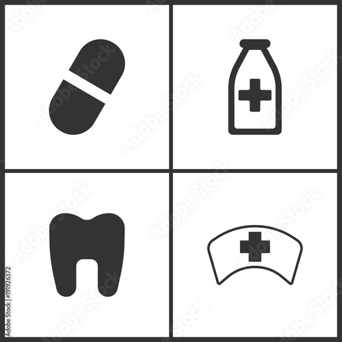 Vector Illustration Set Medical Icons. Elements of Pill, Medicine vial bottle, Tooth and Doctor Cap icon