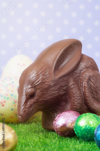 Chocolate Easter bilby against a polka dot background. Australian Easter concept. photo