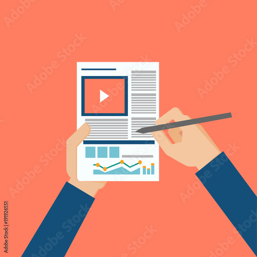 Business analyst hands holding statistical data Modern flat style thin line top view vector illustration isolated on white background. photo