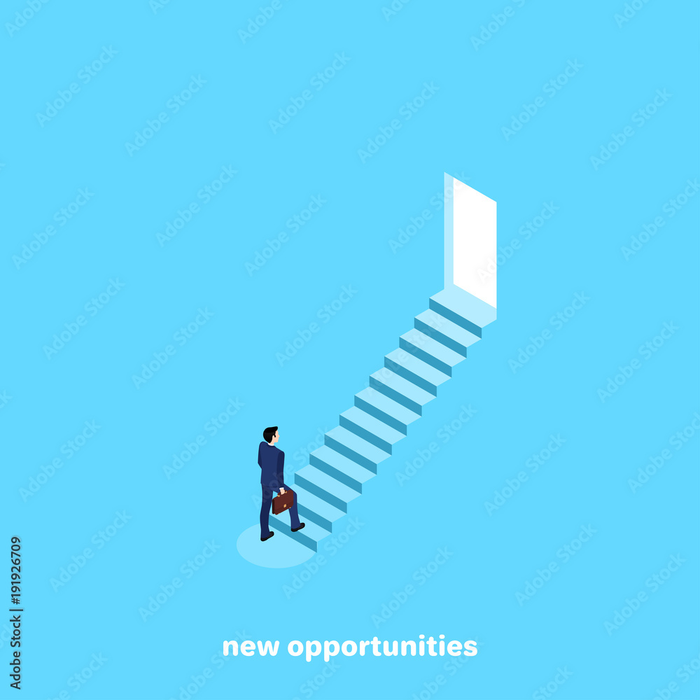 a man in a business suit with a briefcase in his hand climbs the steps to an open door, an isometric image