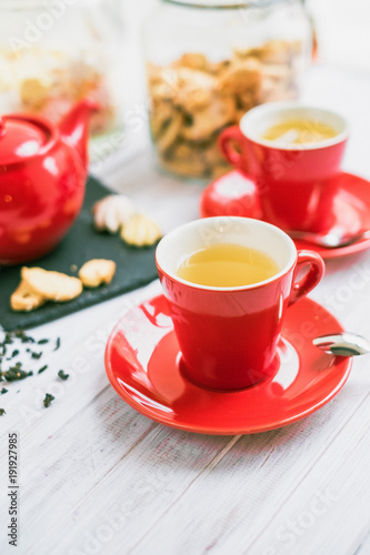 morning tea in a red mug