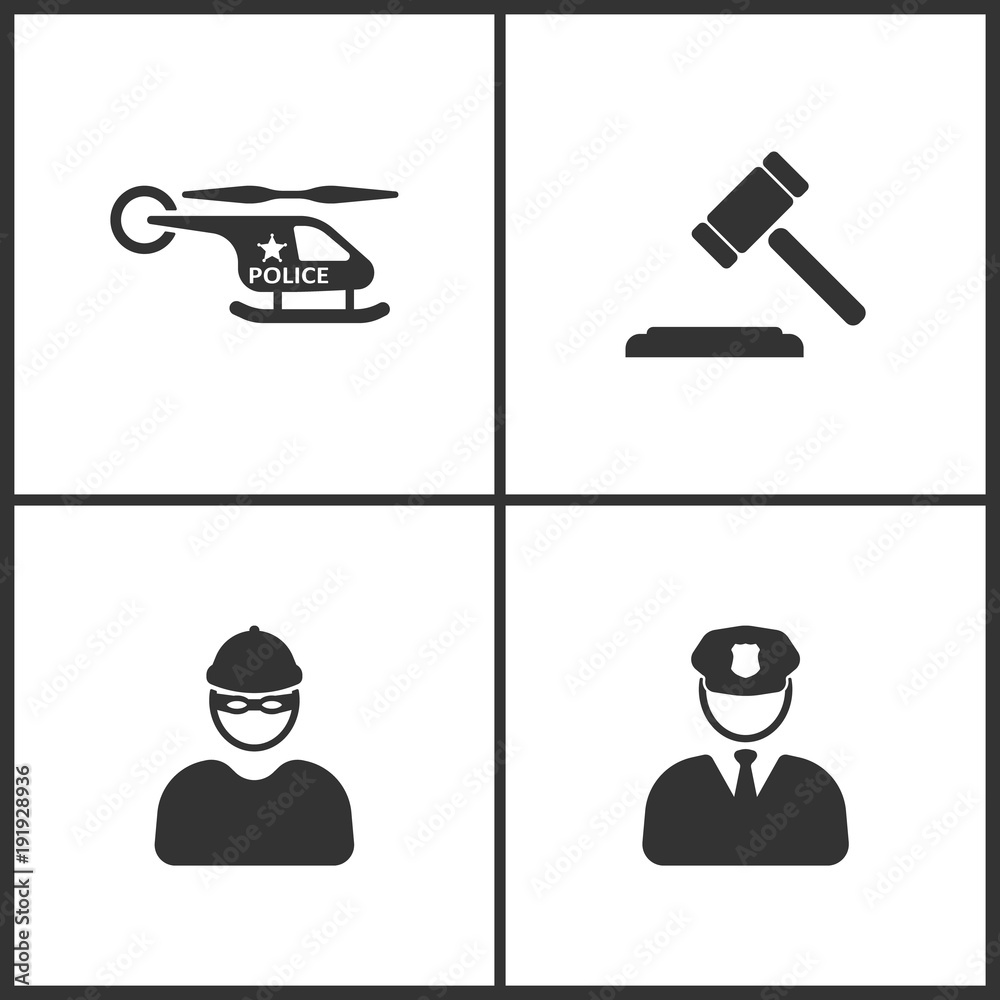 Vector Illustration Set Medical Icons. Elements of Helicopter, Hammer judge, Robber and Police icon Vector Illustration Set Medical Icons. Elements of Helicopter, Hammer judge, Robber and Police icon